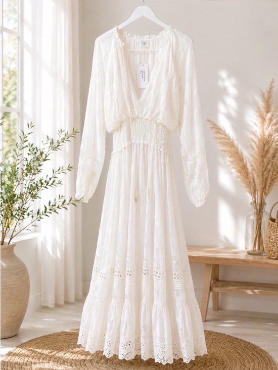 HEMANT & NANDITA Dresses & Skirts - HEMANT & NANDITA White Boho Maxi Dress with Eyelet Detail